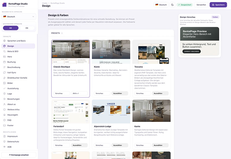 Dashboard des RentalPage Studio Editors